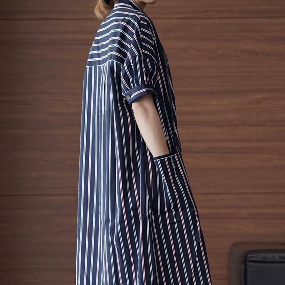 Morino Gakkou 棉質短袖長款襯衫裙【海軍藍多條紋】/5712443/ 第5張的照片