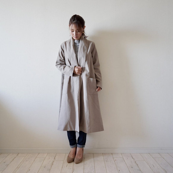 Morino Gakkou Linen Cotton Gown Coat [Gray Beige] Linen Haori / 第8張的照片