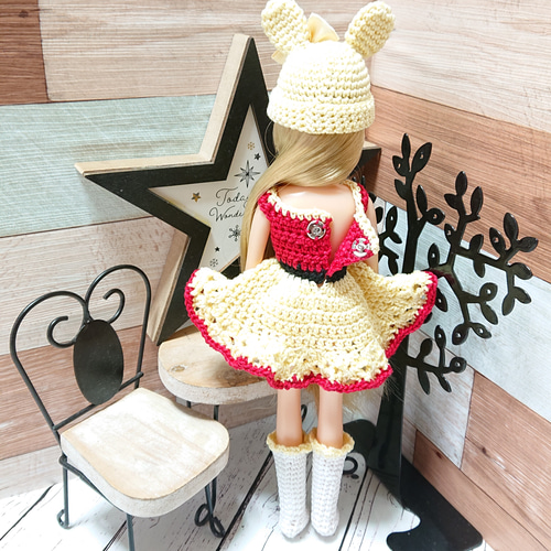 ドール服】リカちゃん服(ｳｴｽﾄ黒) くま耳帽子set(黄) レース糸 手編み 