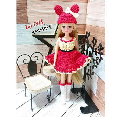 ドール服】リカちゃん服(ｳｴｽﾄ黒) くま耳帽子set(赤) レース糸 手編み 