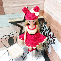【ドール服】リカちゃん服(ｳｴｽﾄ黒) くま耳帽子set(赤) レース糸 手編み 編み物 [no.017] 2枚目の画像