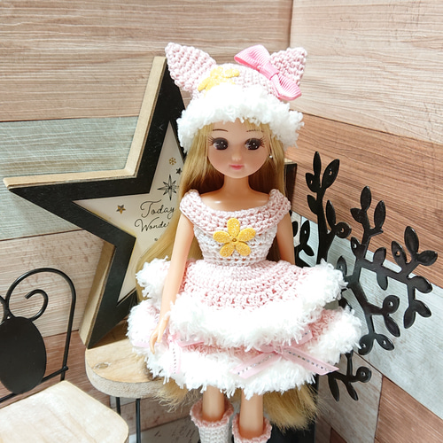 ドール服】 リカちゃん ふわねこ耳 set服 (ピンク)レース糸 手編み