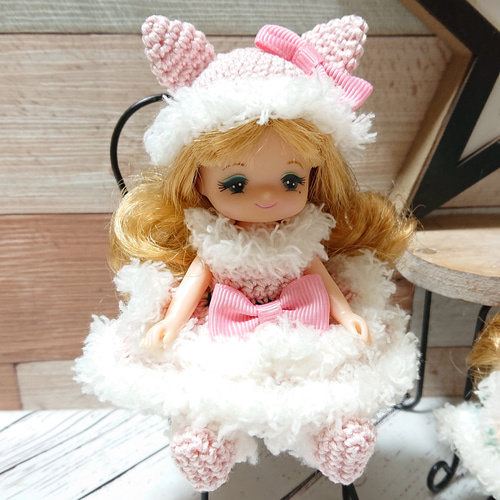 ドール服】ミキマキちゃん ふわねこ耳 お揃いset服 レース糸 手編み 