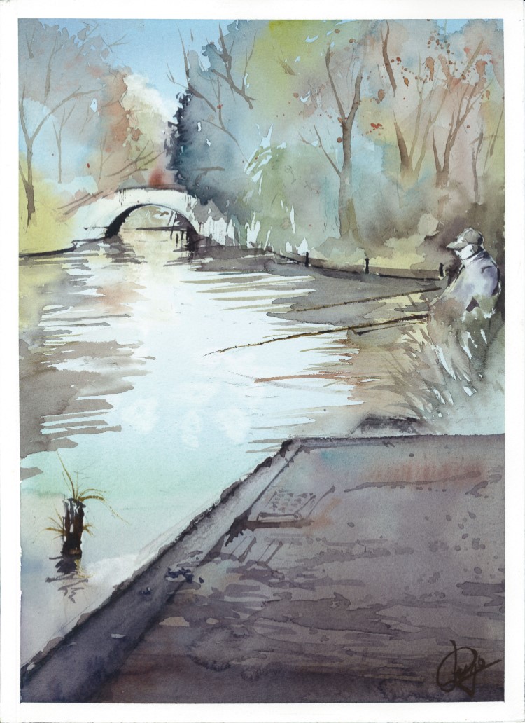 釣り人 池 公園 石神井 東京 人 釣り 橋 水彩画 手描き 原画