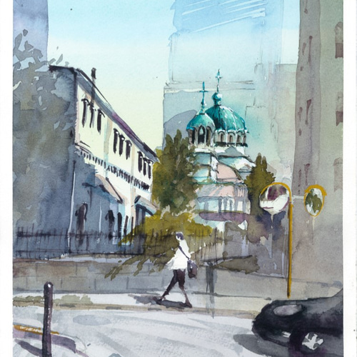 なでしこ　オリジナル水彩画 アジサイとお寺の相性はバツグン ／ 奈良県・矢田寺 【透明水彩風景画