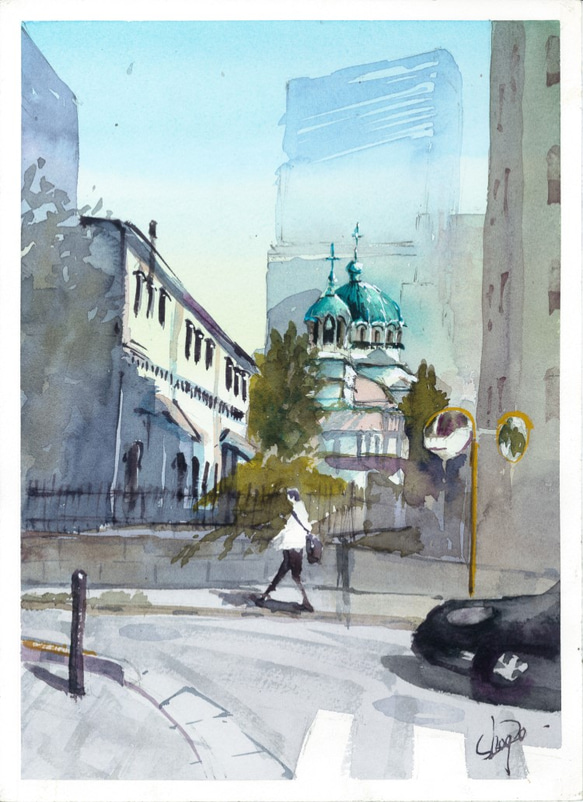 ニコライ堂の見える丁字路 大聖堂 御茶の水 街 水彩画 手描き