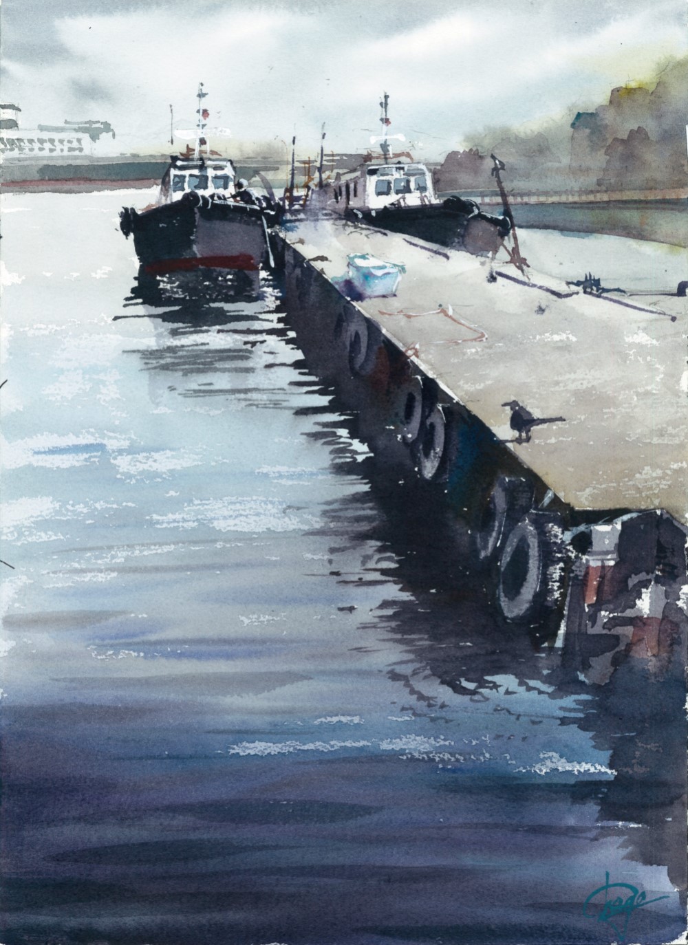 YOKOHAMA 船 船着き場 海 空 水彩画 手描き 絵画 SHOGO 通販