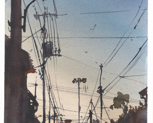 新作商品 街灯 街 夕方 夕日 黄昏時 逆光 原画電柱 手描き 水彩画 影 光 絵画