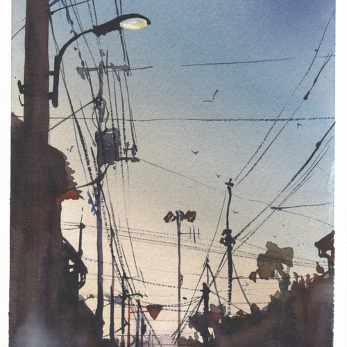 黄昏時 夕日 夕方 街 街灯 逆光 光 影 水彩画 手描き 原画電柱