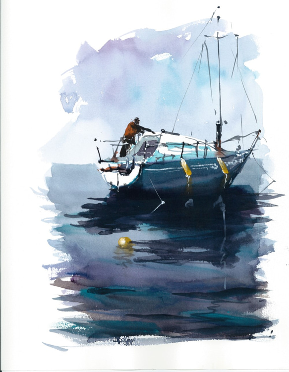 青いヨット　海　船　ヨット　水彩画　手描き　原画　 1枚目の画像