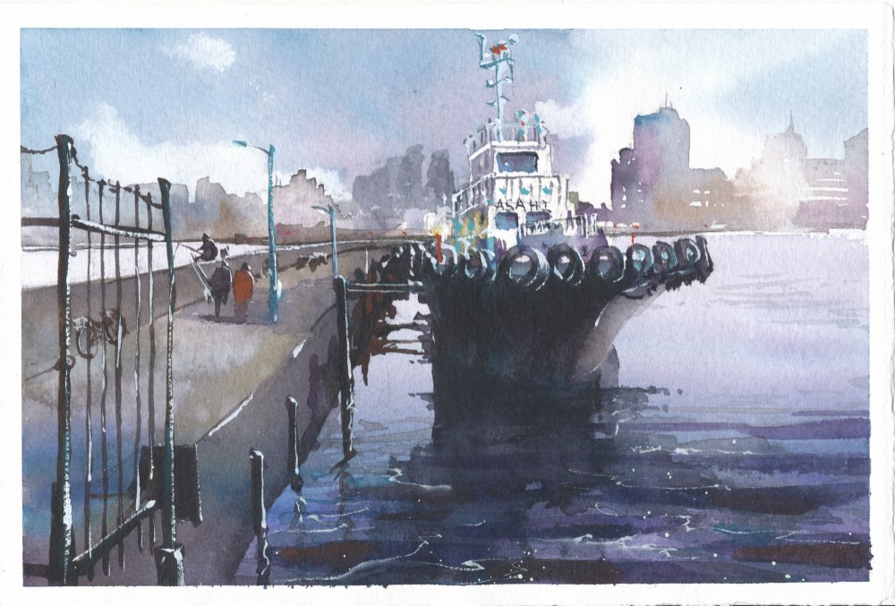水彩画 F4 額、額装付き　湘南海岸ボートと港の風景　遠くに江ノ島 水彩画 F4 額、額装付き 湘南海岸ボートと港の風景 遠くに江ノ島