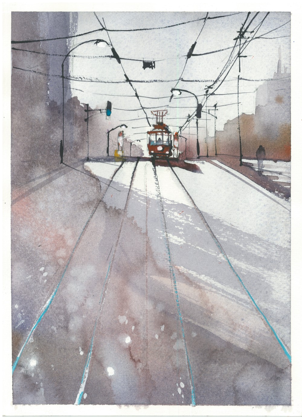 冬の函館レトロ市電　水彩画　生原画 冬の函館レトロ市電 水彩画 生原画 箱館ハイカラ號」 函館市電の
