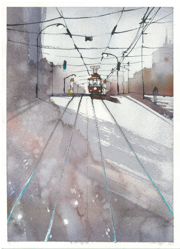 函館の朝　（市電　青柳町駅）市電　電車　朝　函館　坂　水彩画　手描き　原画 1枚目の画像