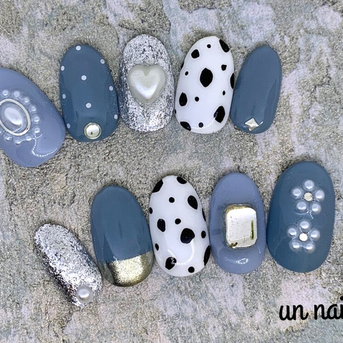 unnails102♡ネイルチップ♡ブルー♡ダルメシアン♡振袖♡つけ爪