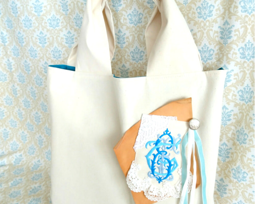 ブルーのモノグラム刺繍トートバッグ トートバッグ SKIP 通販
