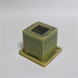渡邊賢司 インテリア植木鉢・受皿付（小）（織部釉） 1枚目の画像