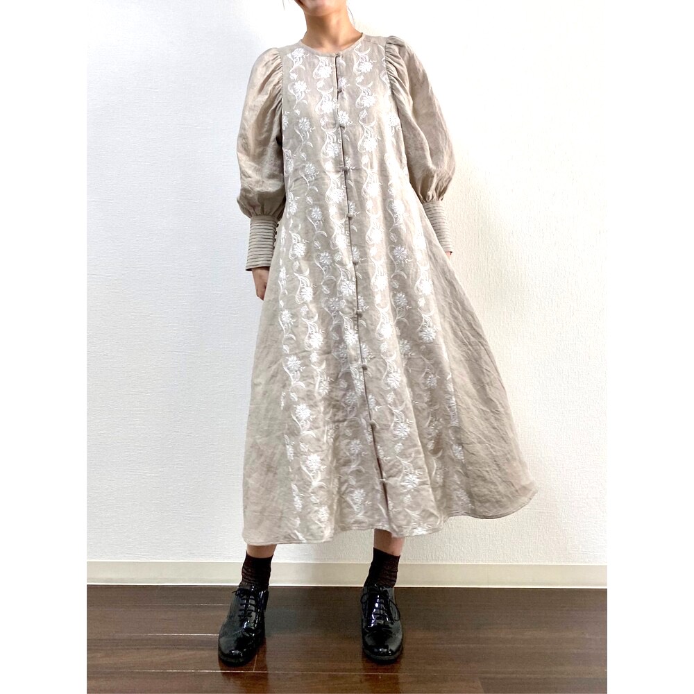 Linen Embroidery Pintuck Dress Ecru