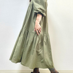 Ballon Sleeves Cotton Dress Olive 3枚目の画像