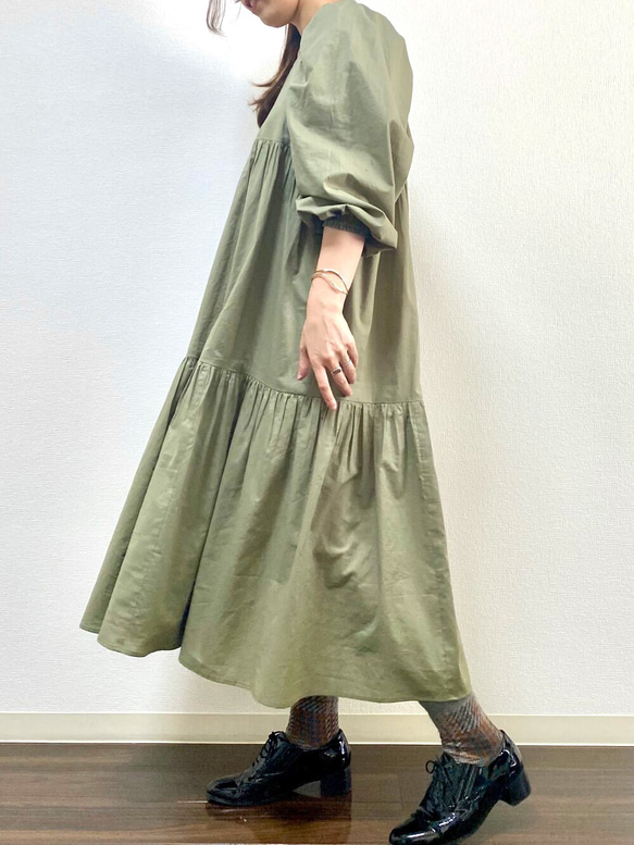 Ballon Sleeves Cotton Dress Olive 3枚目の画像