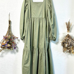 Ballon Sleeves Cotton Dress Olive 5枚目の画像