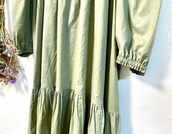 Ballon Sleeves Cotton Dress Olive 7枚目の画像