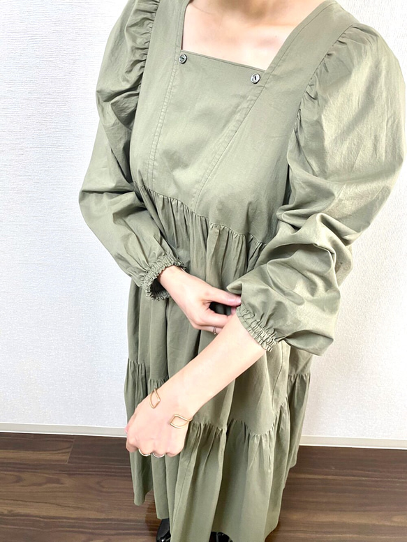 Ballon Sleeves Cotton Dress Olive 8枚目の画像