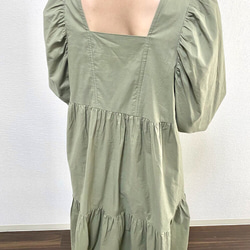 Ballon Sleeves Cotton Dress Olive 9枚目の画像