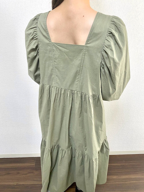 Ballon Sleeves Cotton Dress Olive 9枚目の画像