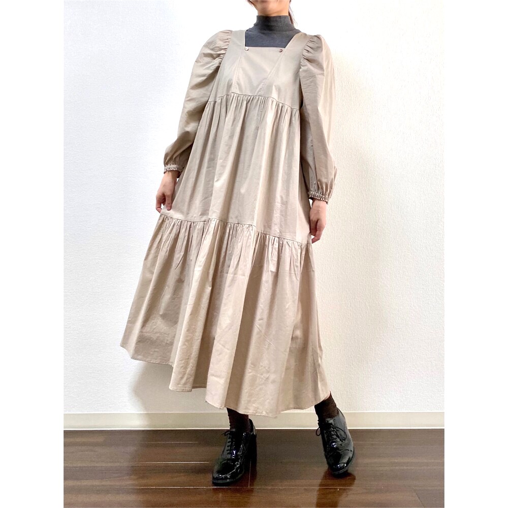 Ballon Sleeves Cotton Dress Beige
