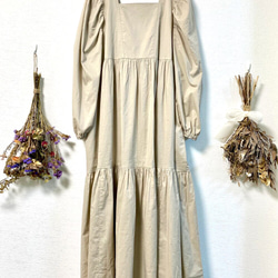 Ballon Sleeves Cotton Dress Beige 5枚目の画像