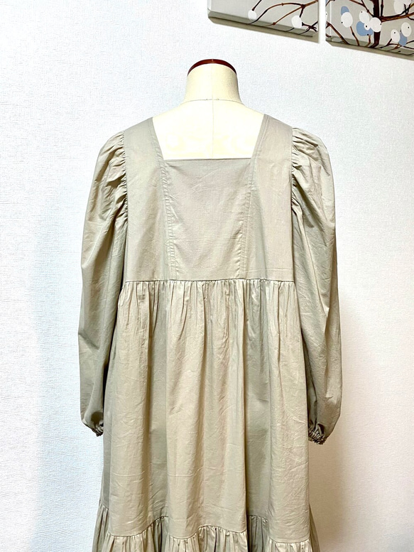 Ballon Sleeves Cotton Dress Beige 8枚目の画像