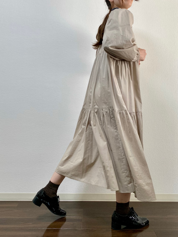 Ballon Sleeves Cotton Dress Beige 9枚目の画像