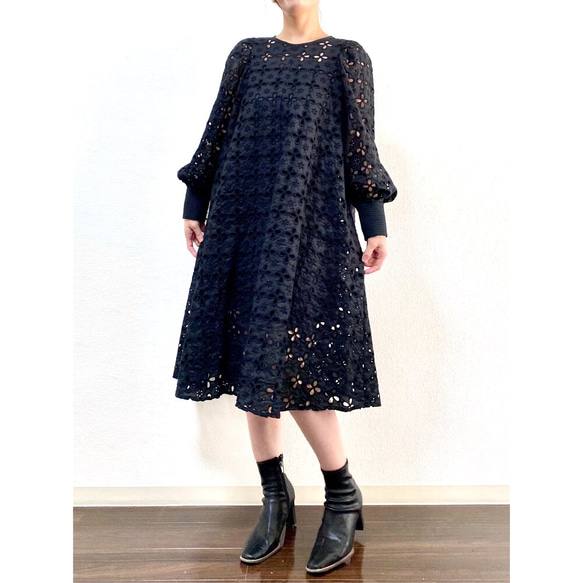 Cotton Lace Pintuck Dress Black 2枚目の画像