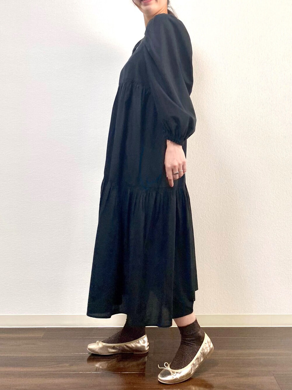 Ballon Sleeves Cotton Dress Black 3枚目の画像