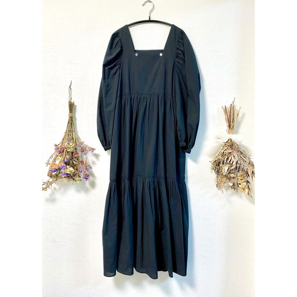 Ballon Sleeves Cotton Dress Black 5枚目の画像