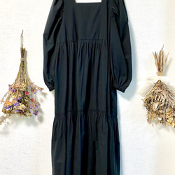 Ballon Sleeves Cotton Dress Black 6枚目の画像