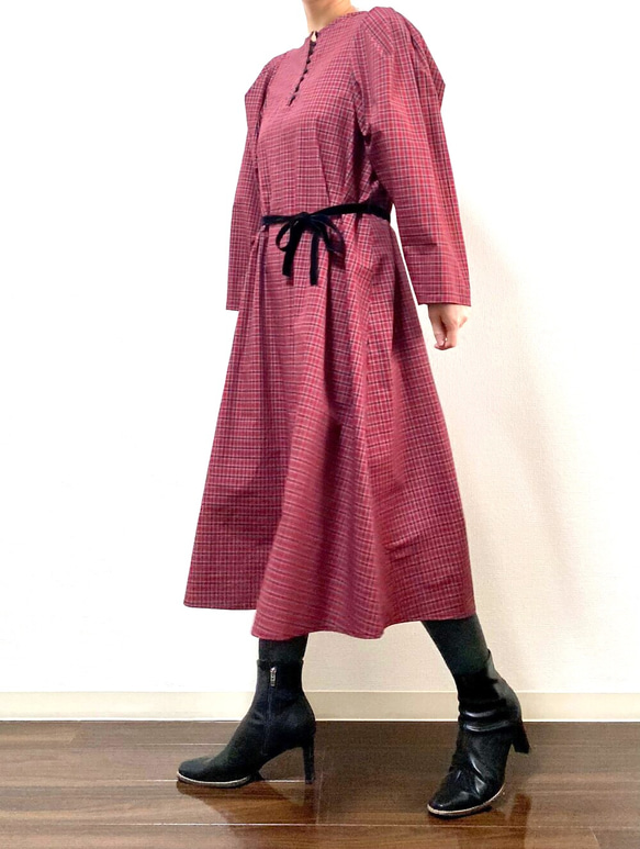 Cotton Check Dress Red 3枚目の画像