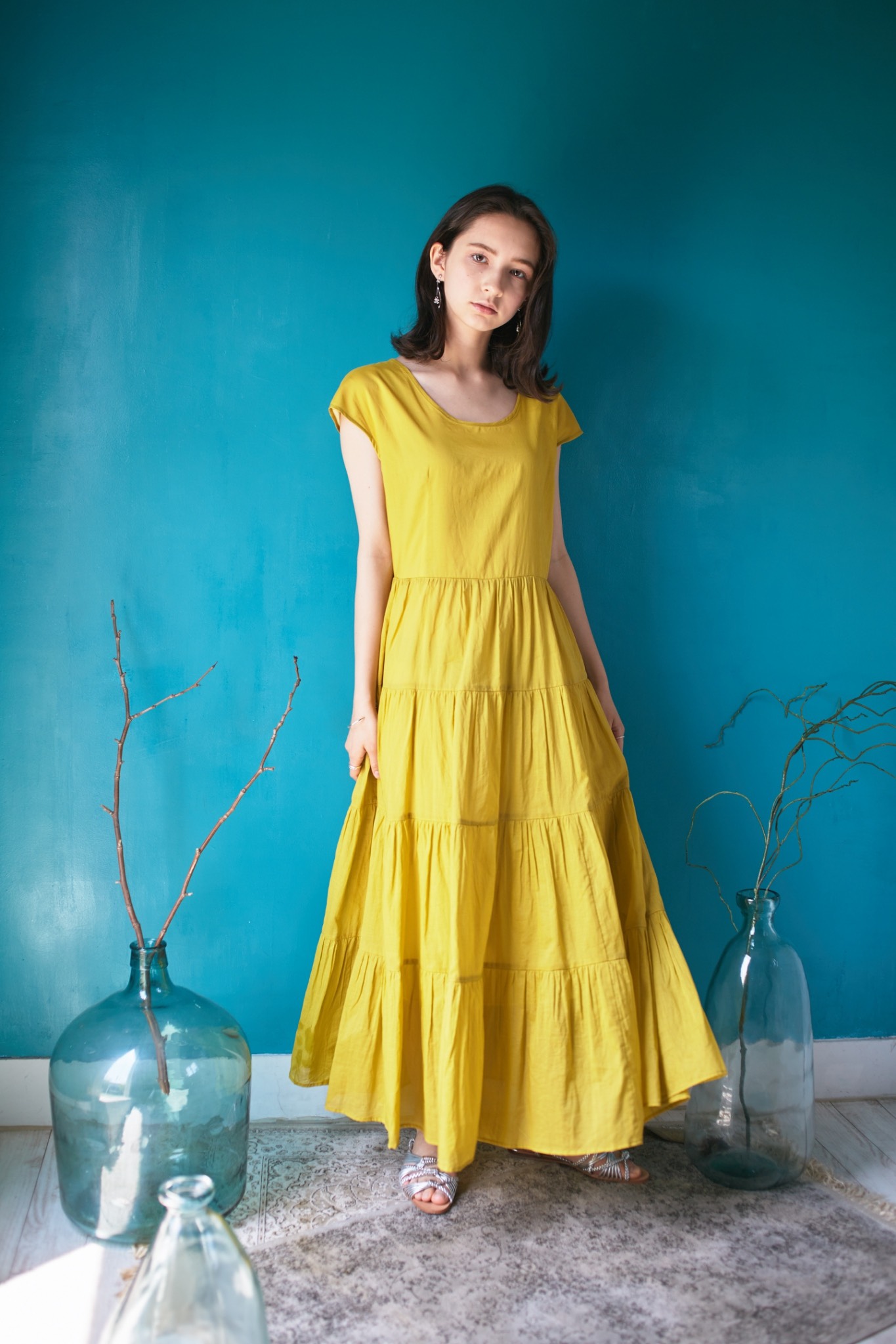 Vivid Color Cotton Lawn Tiered Dress Yellow