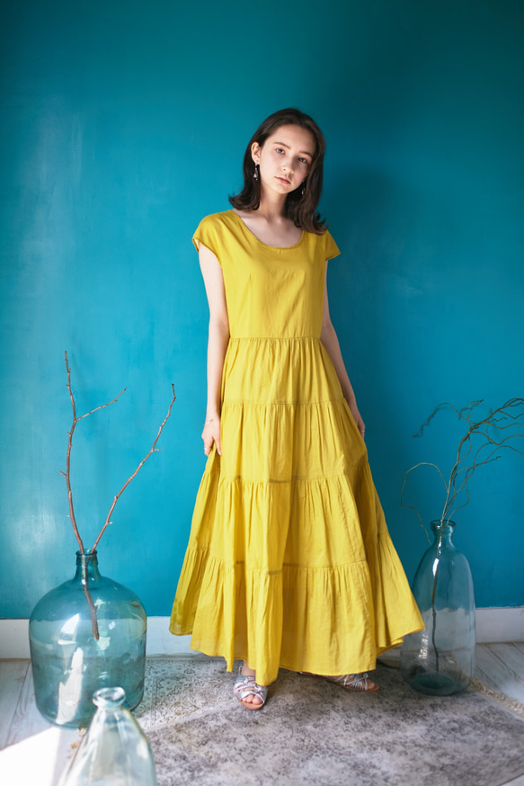 Vivid Color Cotton Lawn Tiered Dress Yellow 1枚目の画像