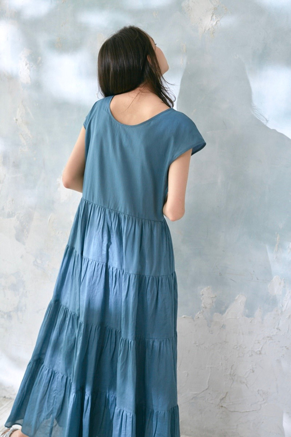 Vivid Color Cotton Lawn Tiered Dress Blue 6枚目の画像