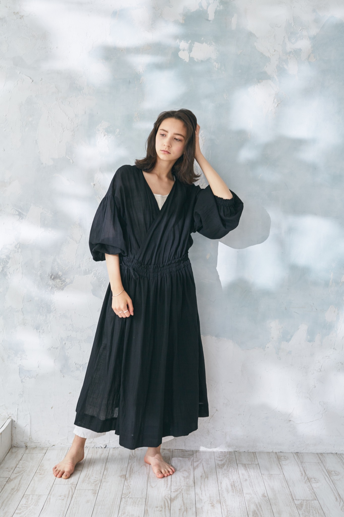 Cotton Linen  Slab Lawn 3way Robe Black