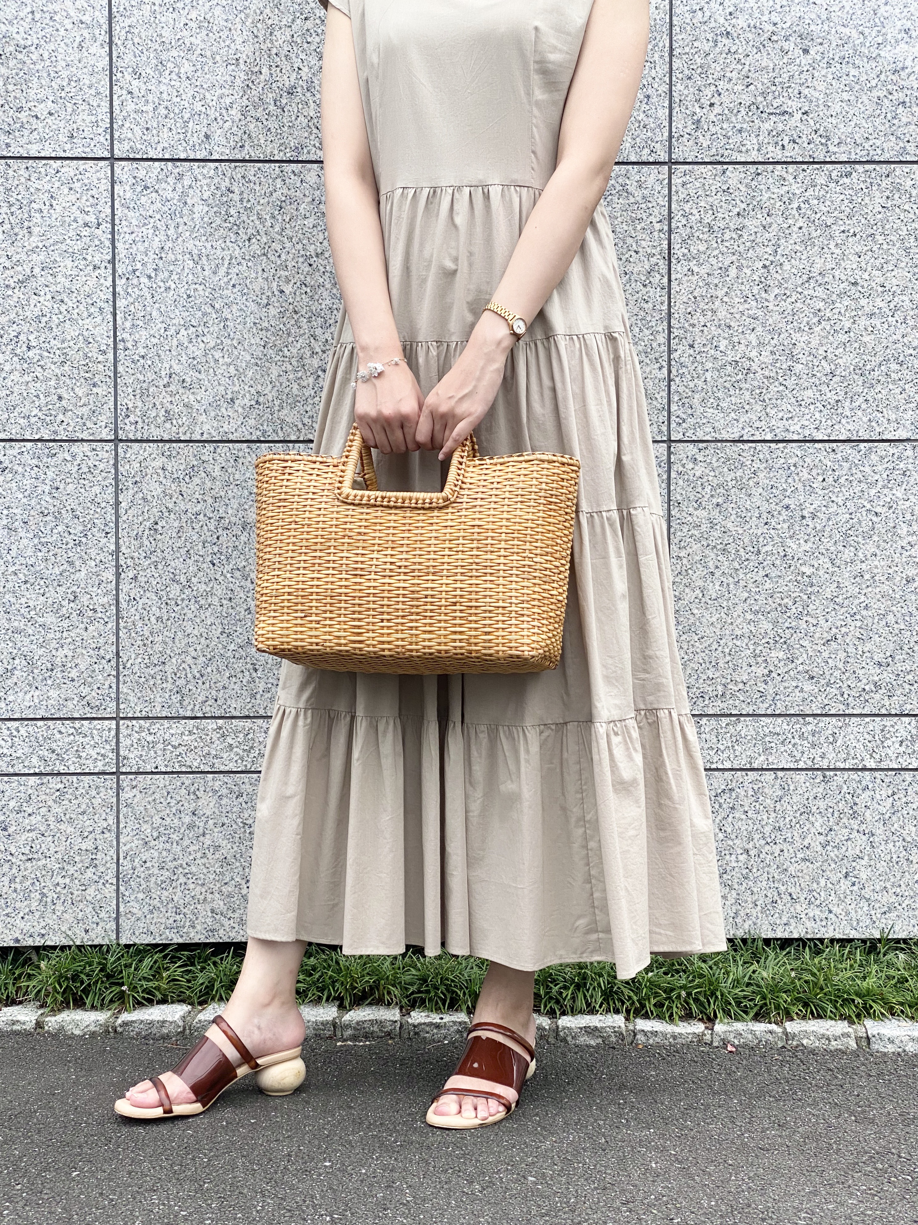 Natural Color Cotton Lawn Tiered Dress Beige