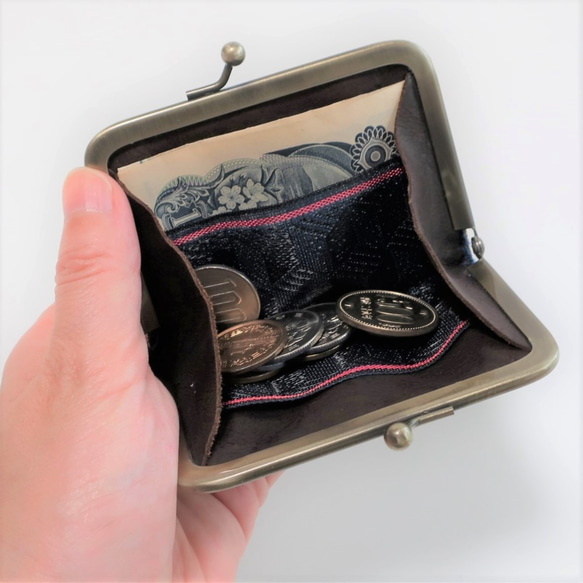 【畳縁】畳縁のがま口小銭入れ 菱菊柄 緑 2枚目の画像