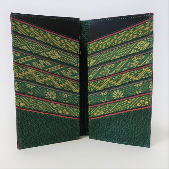 (受注生産)【玉-gyoku-】畳の縁の長財布 十二単の襟元 黒緑 26カード 本革 入金から約３週間で発送 2枚目の画像
