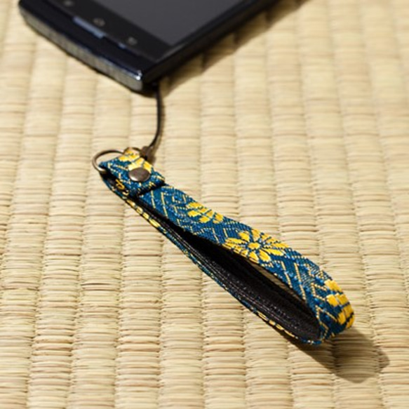 【畳縁】ストラップ　菊鞘柄　青 1枚目の画像