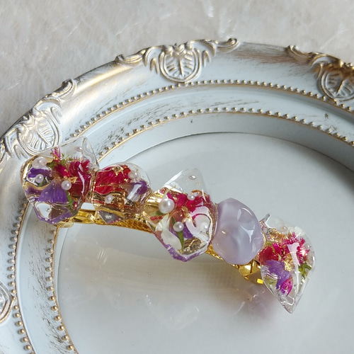 鉱石風バレッタ 花バレッタ レジンバレッタ 押し花 ドライフラワー 