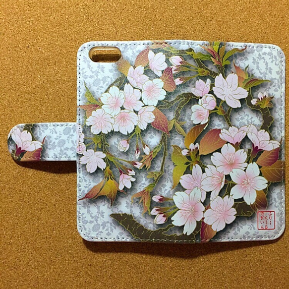 美しい桜  和柄 艶やか スマホカバー 白ベース灰色小花 スマートフォン ほぼ　全機種対応 スマホケース 手帳型ケース 2枚目の画像