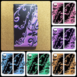 ハーフミント 黒ベース オシャレなリーフ柄 紫 パープル 全機種対応 スマホケース 手帳型ケース 全機種カメラ穴加工あり 3枚目の画像
