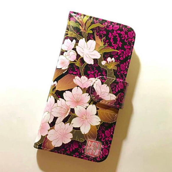 美しい桜  和柄 艶やか スマホカバー 全機種対応 スマホケース 手帳型ケース 黒ベース ピンク 6  桃 サクラサク 1枚目の画像