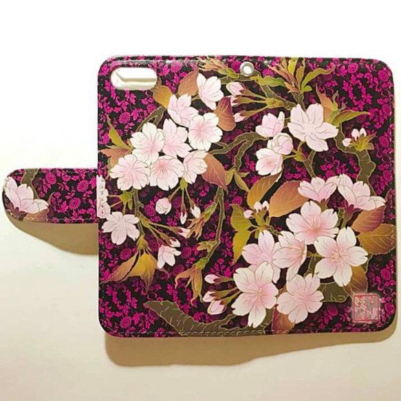 美しい桜  和柄 艶やか スマホカバー 全機種対応 スマホケース 手帳型ケース 黒ベース ピンク 6  桃 サクラサク 2枚目の画像